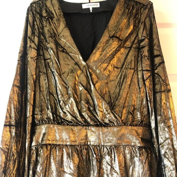 New FRAME Metallic Gold Lame' Velvet Long-Sleeve V-Neck Mini Dress 8 MSRP $595 - Picture 6 of 10